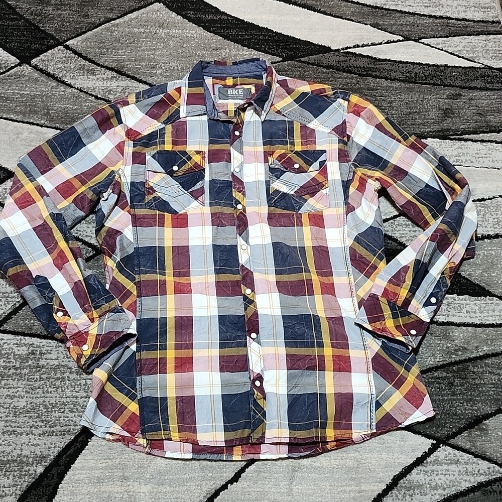 BKE ATHLETIC FIT PLAID ACID-WASH PEARL SNAP-BUTTON LONG-SLEEVED SHIRT L